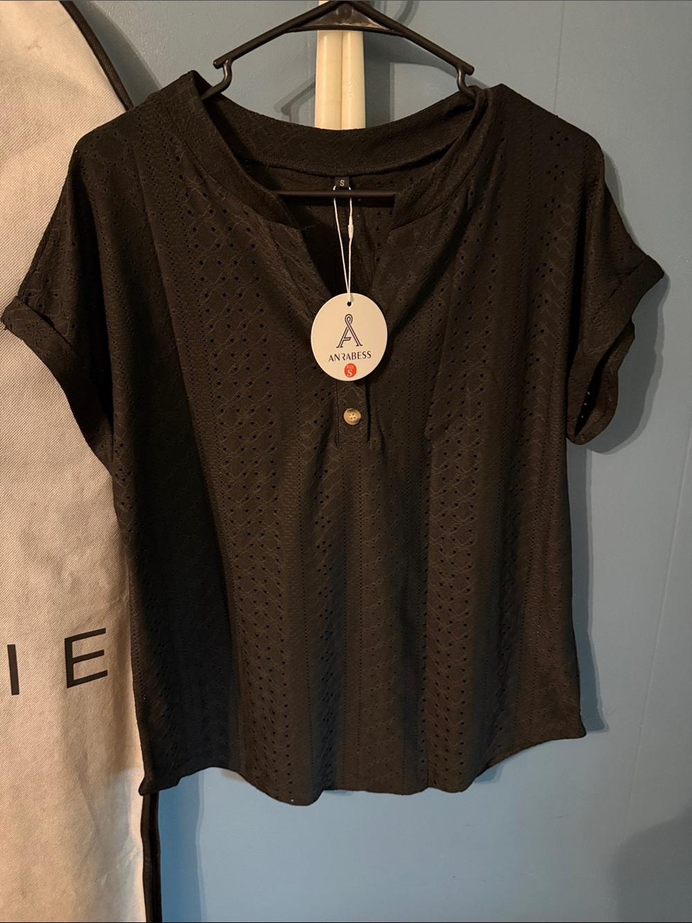 AN RABESS Black Eyelet Short Sleeve Henley Blouse